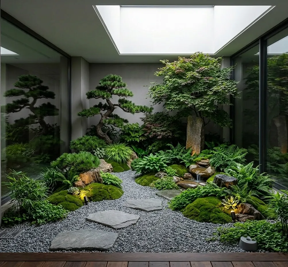 Render de patio interior de estilo japonés con pinos, arce, musgo y grava